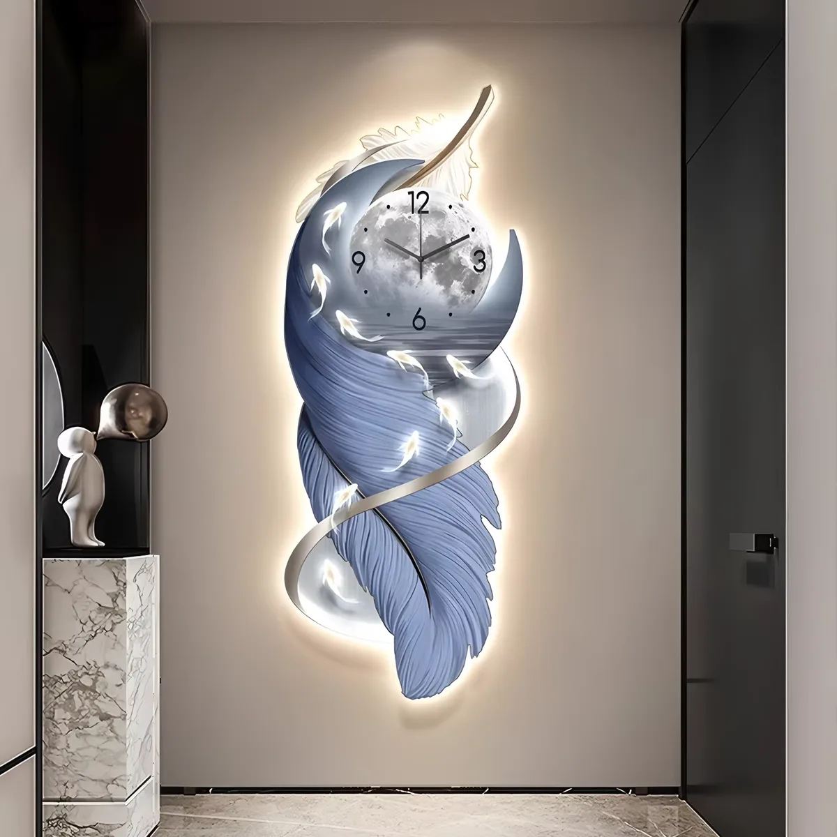 Modern Porch Art Decorative Painting with Clock High-grade Feather Corridor Nine Fish Picture Crystal Porcelain Painting