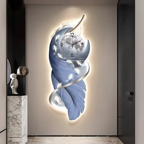 Modern Porch Art Decorative Painting with Clock High-grade Feather Corridor Nine Fish Picture Crystal Porcelain Painting