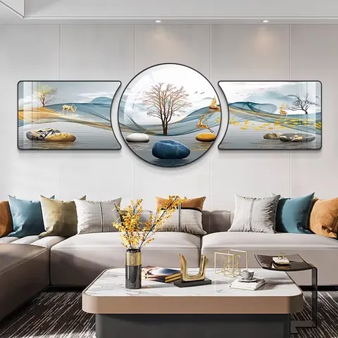 Modern Simple Combination of Living Room Sofa Background Wall Diamond Crystal Porcelain Art Home Decor Painting