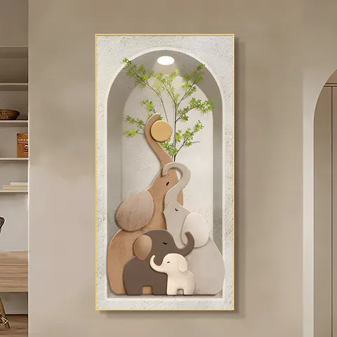 Modern Simple Entrance Porch Wall Decor Painting Elephant Green Plant Corridor Vertical Version of Crystal Porcelain Painting