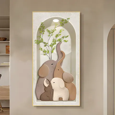 Modern Simple Entrance Porch Wall Decor Painting Elephant Green Plant Corridor Vertical Version of Crystal Porcelain Painting