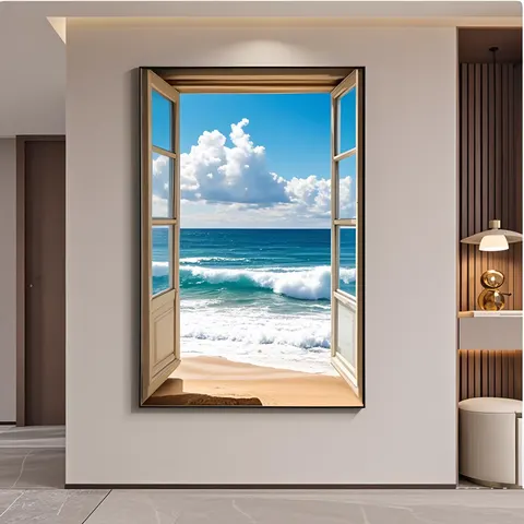 Modern Simple False Window Sea Landscape Art Decor Painting Sofa Background Wall Fall to the Ground Crystal Porcelain Painting