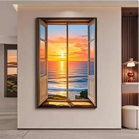 Modern Simple False Window Sea Landscape Art Decor Painting Sofa Background Wall Fall to the Ground Crystal Porcelain Painting