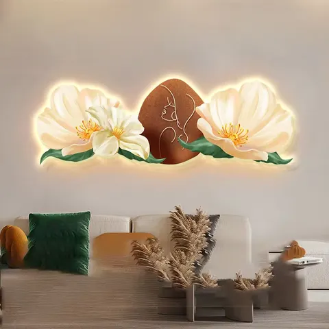 Modern Simple Flowers Living Room Bedroom Art Decor Painting with LED Lights Sofa Background Wall Crystal Porcelain Painting