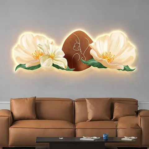 Modern Simple Flowers Living Room Bedroom Art Decor Painting with LED Lights Sofa Background Wall Crystal Porcelain Painting