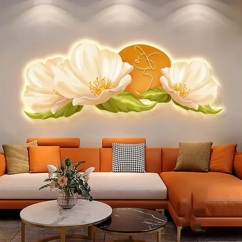 Modern Simple Flowers Living Room Bedroom Art Decor Painting with LED Lights Sofa Background Wall Crystal Porcelain Painting