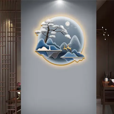 Modern Simple Landscape Painting Chinese Style Mural Graphics Wall Lamp Solid Wood Round Creative Home Decoration