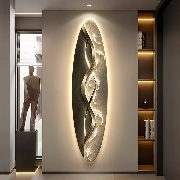 Modern Simple Porch Art Home Decor Paintings Fine Carving Oval Nine Fish Picture LED Glow Crystal Porcelain Painting