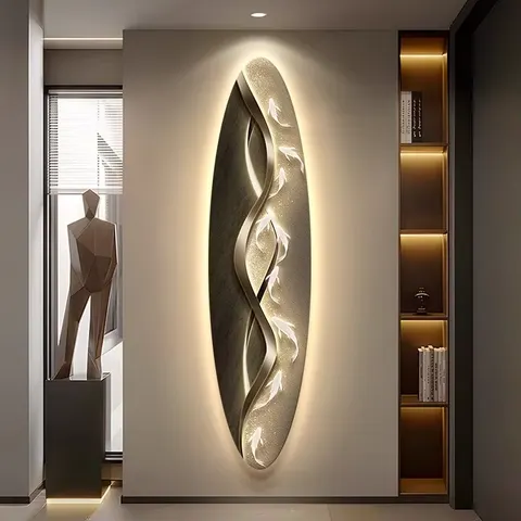 Modern Simple Porch Art Home Decor Paintings Fine Carving Oval Nine Fish Picture LED Glow Crystal Porcelain Painting
