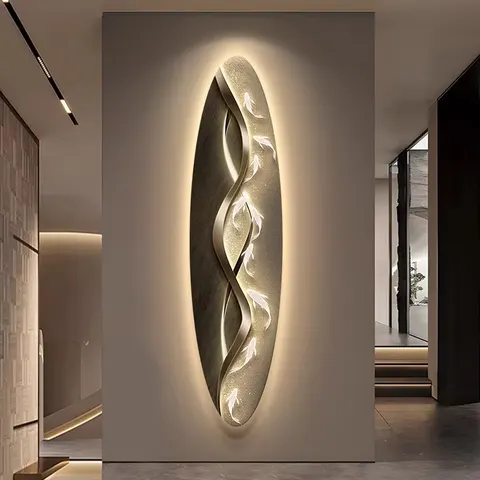 Modern Simple Porch Art Home Decor Paintings Fine Carving Oval Nine Fish Picture LED Glow Crystal Porcelain Painting