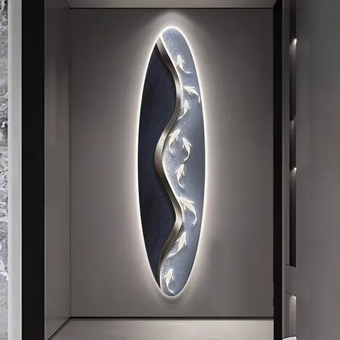 Modern Simple Porch Art Home Decor Paintings Fine Carving Oval Nine Fish Picture LED Glow Crystal Porcelain Painting