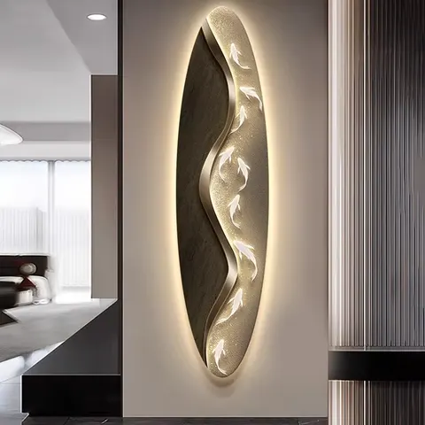 Modern Simple Porch Art Home Decor Paintings Fine Carving Oval Nine Fish Picture LED Glow Crystal Porcelain Painting
