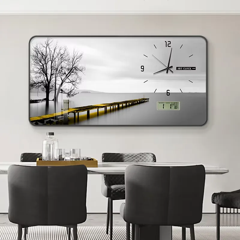 Modern Simple Scenic Restaurant Quiet Clock Decorative Painting Home Decor Wall Art with Clock Large Flip Clock