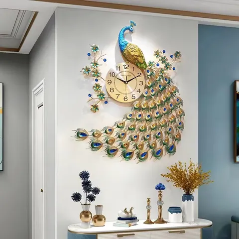孔雀 单幅 装饰画 现代简约 客厅背景墙挂画 挂钟