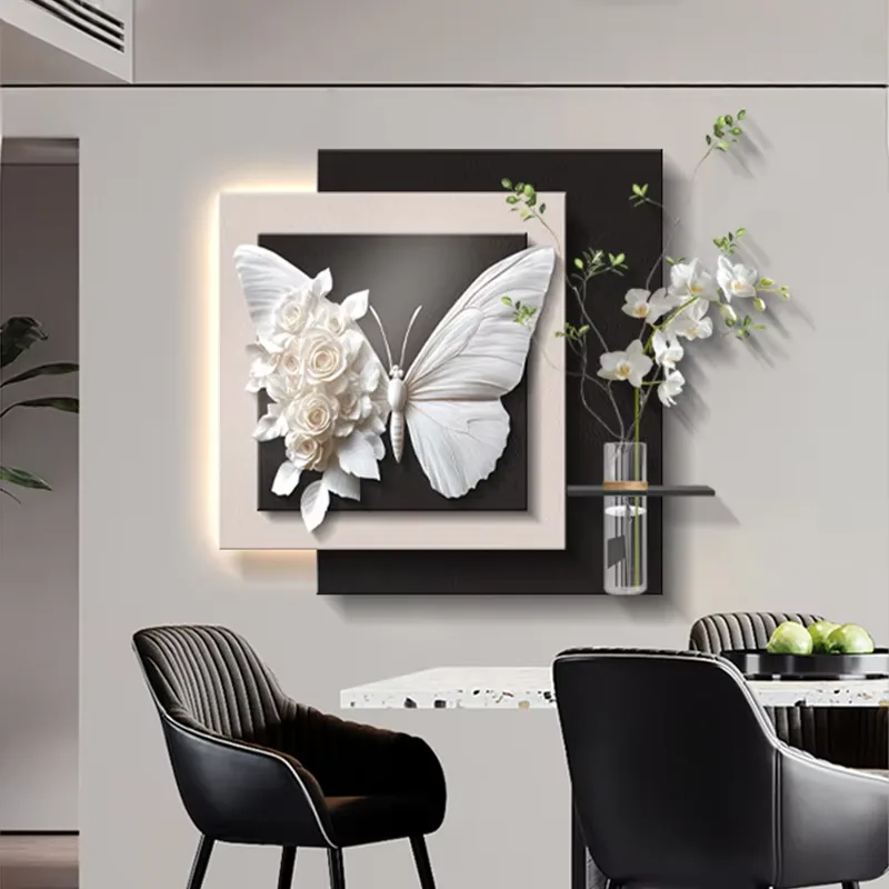 Modern Simplicity Hydroponic Plants Butterfly Restaurant Mural Painting Luxury Sandstone Glowed LED Painting