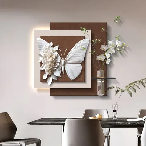 Modern Simplicity Hydroponic Plants Butterfly Restaurant Mural Painting Luxury Sandstone Glowed LED Painting