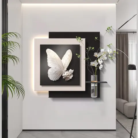 Modern Simplicity Hydroponic Plants Butterfly Restaurant Mural Painting Luxury Sandstone Glowed LED Painting