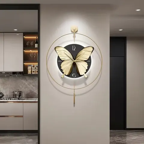 Modern Spanish Luxury Entryway Wall Clock with Eye-Catching Iron Butterfly Ornament Perfect for the Living Room or Dining Room