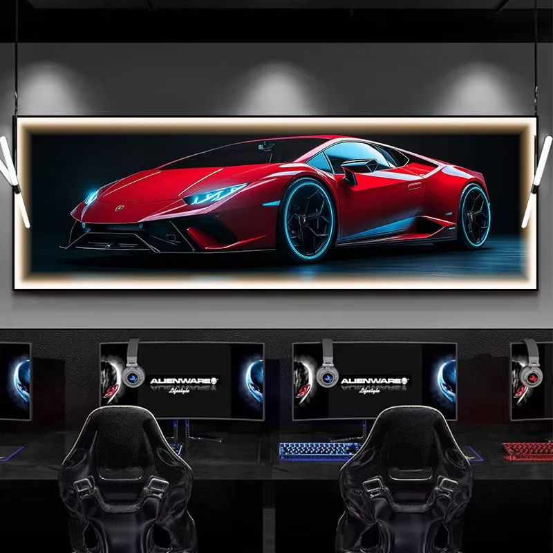 Modern stylish sports car LED illuminated artwork arcade mood lighting; bar wall decoration