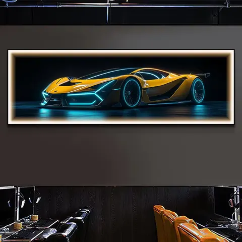Modern stylish sports car LED illuminated artwork arcade mood lighting; bar wall decoration