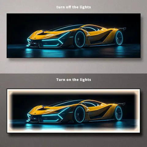 Modern stylish sports car LED illuminated artwork arcade mood lighting; bar wall decoration