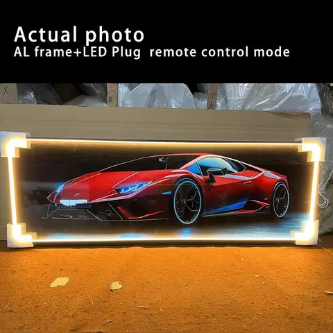 Modern stylish sports car LED illuminated artwork arcade mood lighting; bar wall decoration