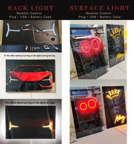 Modern stylish sports car LED illuminated artwork arcade mood lighting; bar wall decoration