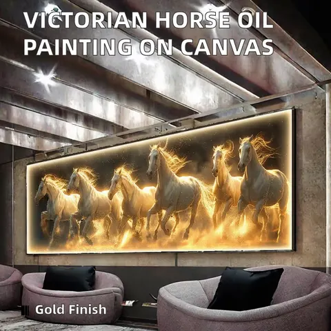 Modern Victorian Era Galloping Horse Animal Wall Art Frameless Oil Painting Gold Coated Canvas Digital Printing Eco-friendly