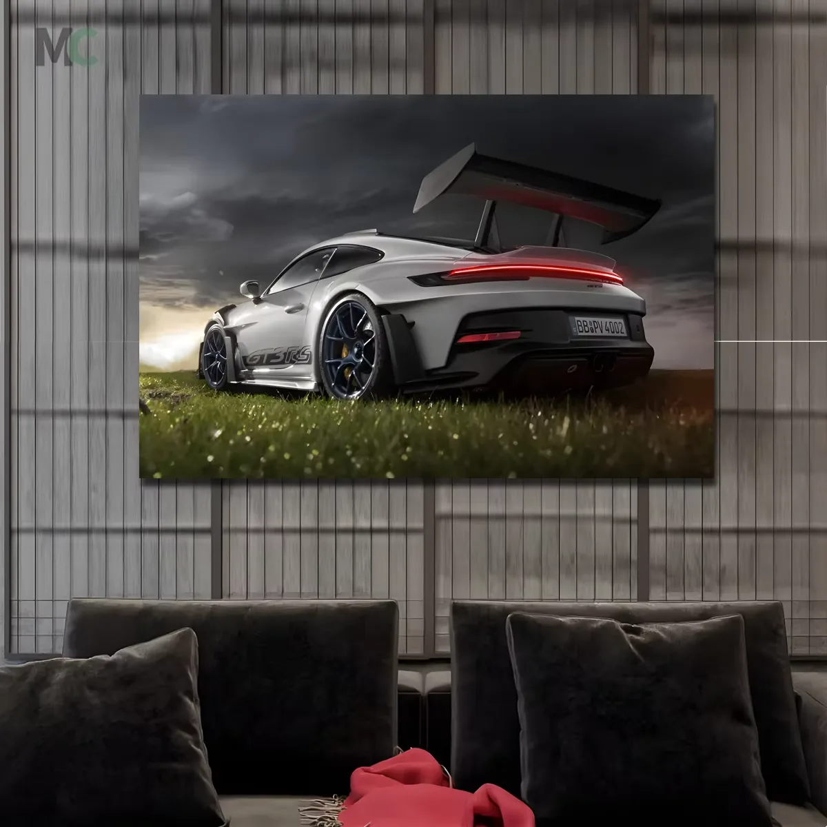Modern Wall Art Home Decor Luxury Sports Car Racing with Led Lights Tempered Glass Painting and Acrylic Painting