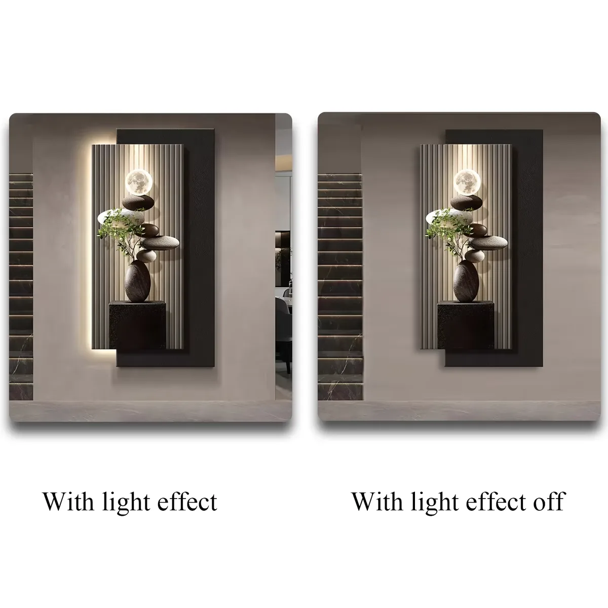Modern Wall Art Installation Living Room Corridor Background Wall Stacked Stones and Moonlight Emitting Lamp