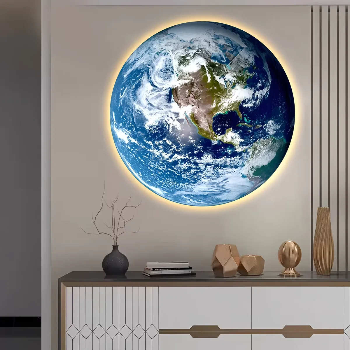 Moon Earth Round LED Painting Living Room Hallway Hanging Painting Main Bed Head Background Wall Art Home Decor Painting