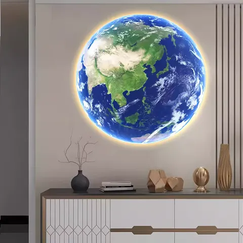 Moon Earth Round LED Painting Living Room Hallway Hanging Painting Main Bed Head Background Wall Art Home Decor Painting