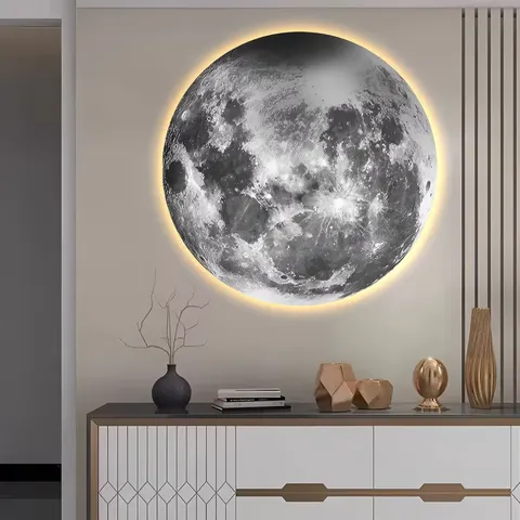 Moon Earth Round LED Painting Living Room Hallway Hanging Painting Main Bed Head Background Wall Art Home Decor Painting