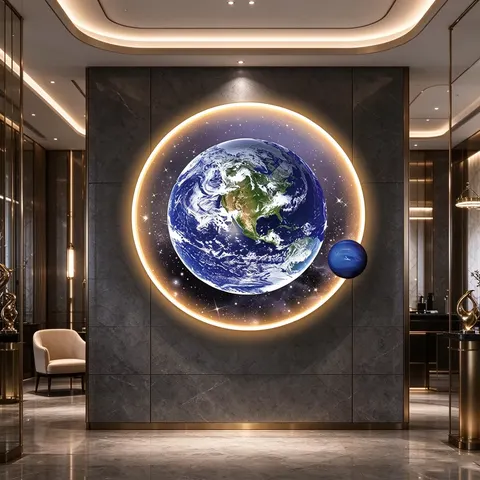 Multi-layer Round LED Crystal Porcelain Wall Art Acrylic Backlit Planet Earth Painting Home Decor for Living Room Hotel Lobby