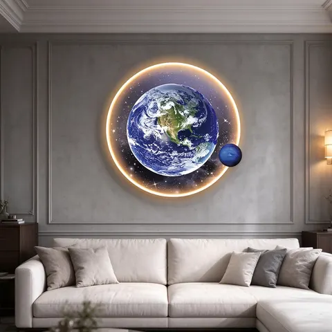 Multi-layer Round LED Crystal Porcelain Wall Art Acrylic Backlit Planet Earth Painting Home Decor for Living Room Hotel Lobby