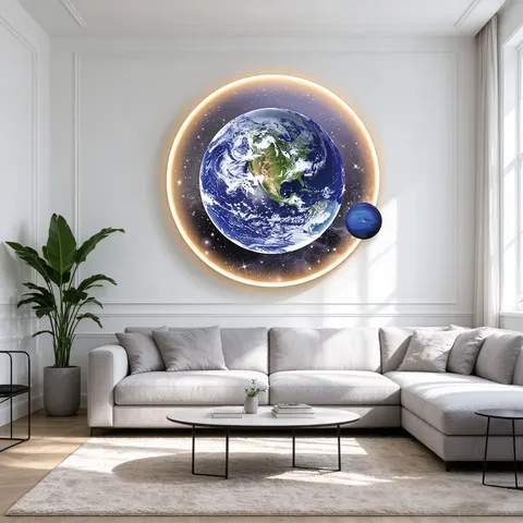 Multi-layer Round LED Crystal Porcelain Wall Art Acrylic Backlit Planet Earth Painting Home Decor for Living Room Hotel Lobby