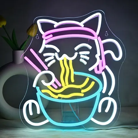Neon Cat Eating Noodles Luminous Letters Fortune Cat Acrylic LED Painting 5V USB LED Neon Art Decor Sign
