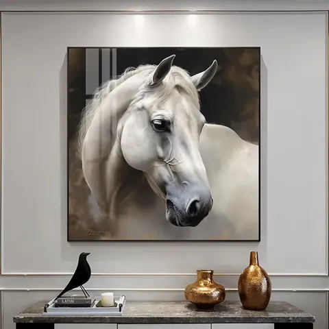 New Arrival Modern White Horse HD Crystal Porcelain Art Decor Painting Modern Animal Oil Painting Mural Art Home Decor Paintings