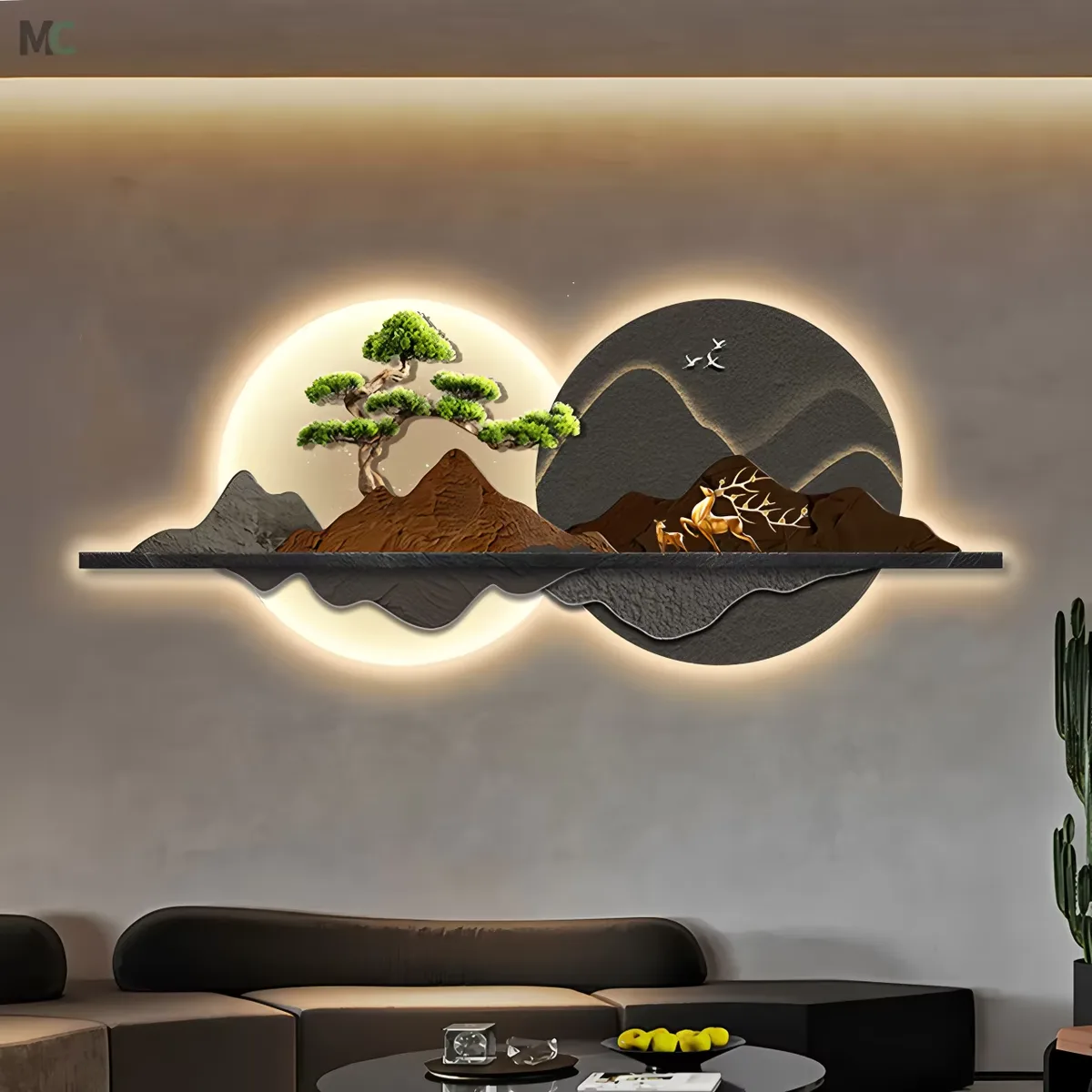 New Chinese Elk Living Room Art Decor LED Glow Crystal Porcelain Painting Advanced Sense Sofa Background Wall Painting
