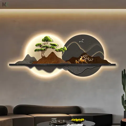 New Chinese Elk Living Room Art Decor LED Glow Crystal Porcelain Painting Advanced Sense Sofa Background Wall Painting