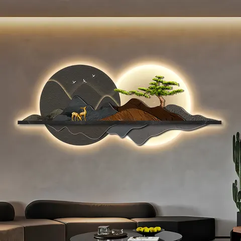 New Chinese Elk Living Room Art Decor LED Glow Crystal Porcelain Painting Advanced Sense Sofa Background Wall Painting