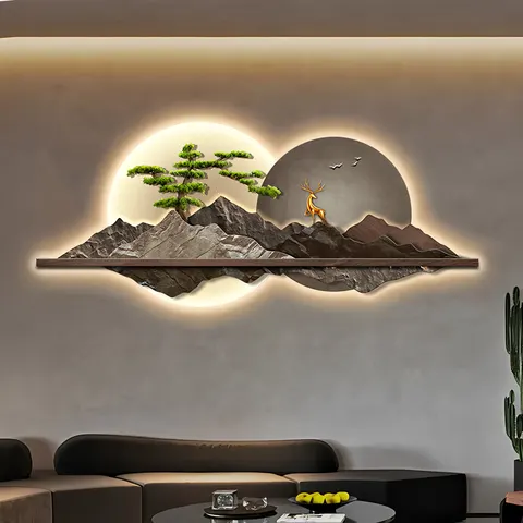 New Chinese Elk Living Room Art Decor LED Glow Crystal Porcelain Painting Advanced Sense Sofa Background Wall Painting
