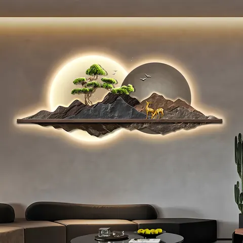 New Chinese Elk Living Room Art Decor LED Glow Crystal Porcelain Painting Advanced Sense Sofa Background Wall Painting