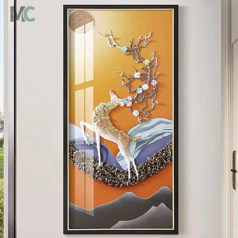 New Chinese Living Room Crystal Porcelain Painting Corridor Elk 3D Three-dimensional Wall Art Home Decor Mural