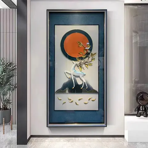 New Chinese Living Room Crystal Porcelain Painting Corridor Elk 3D Three-dimensional Wall Art Home Decor Mural