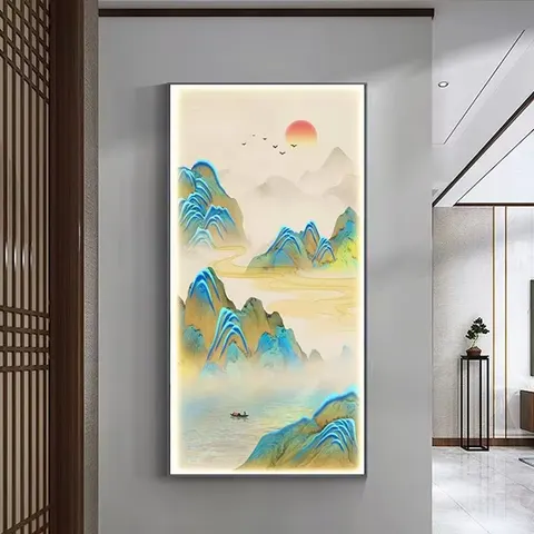 山水 单幅 装饰画 新中式 客厅背景墙挂画 LED带灯画