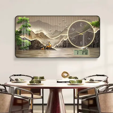 New Chinese Restaurant Landscape Fu Lu Mural Clock Decorative Painting Home Decor Wall Art with Clock Large Flip Clock
