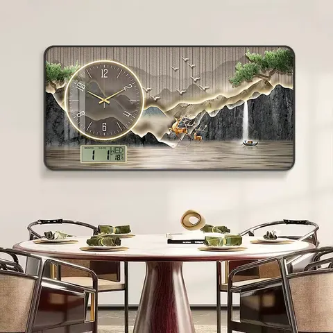 山水 单幅 装饰画 新中式 餐厅背景墙挂画 挂钟