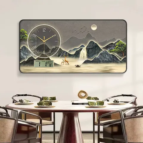 山水 单幅 装饰画 新中式 餐厅背景墙挂画 挂钟