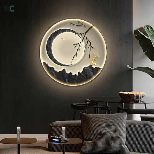 New Chinese Restaurant Wall Art Home Decor Painting Led Light Painting Advanced Sense Elk Round Shape Crystal Porcelain Painting